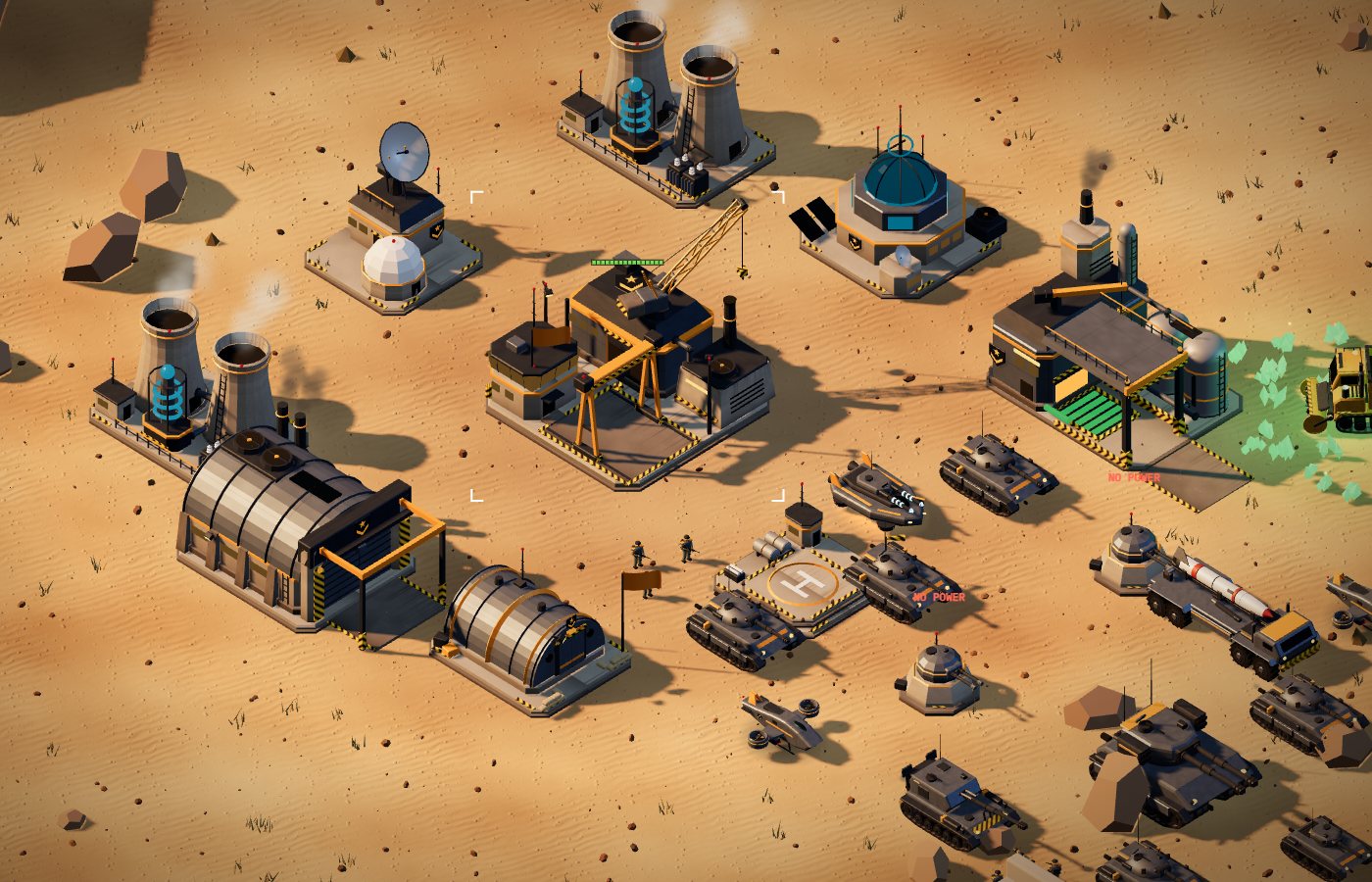 A Granite Command forward base at sunset: Construction Yard, power plants, a refinery beside a crystal field, and a column of tanks.
