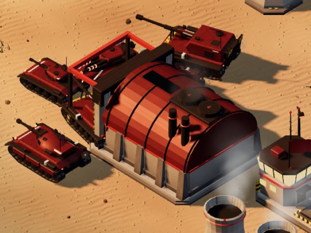 The Red Talon War Factory in red livery, with tanks and a mortar carrier.